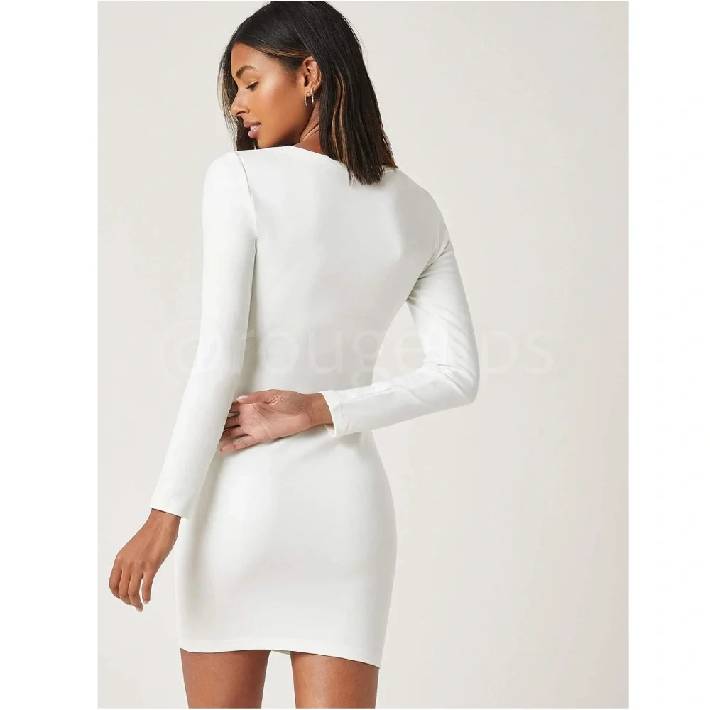Plain White Casual Long Sleeve Slim Mini Dress Round Neck - Picture 3 of 6